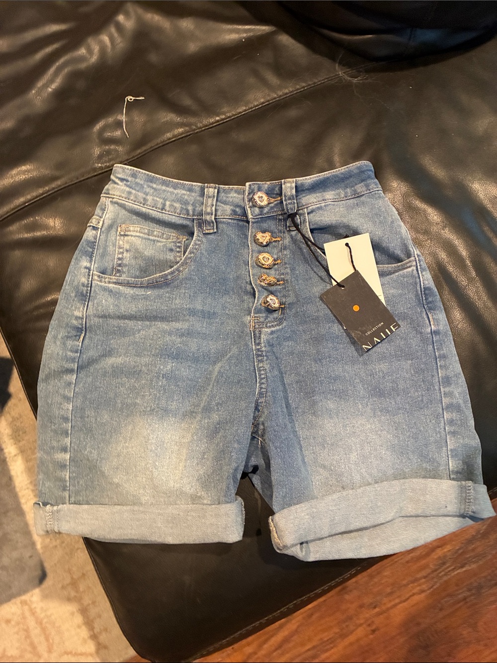 Button-Front High-Rise Light Blue Denim Shorts